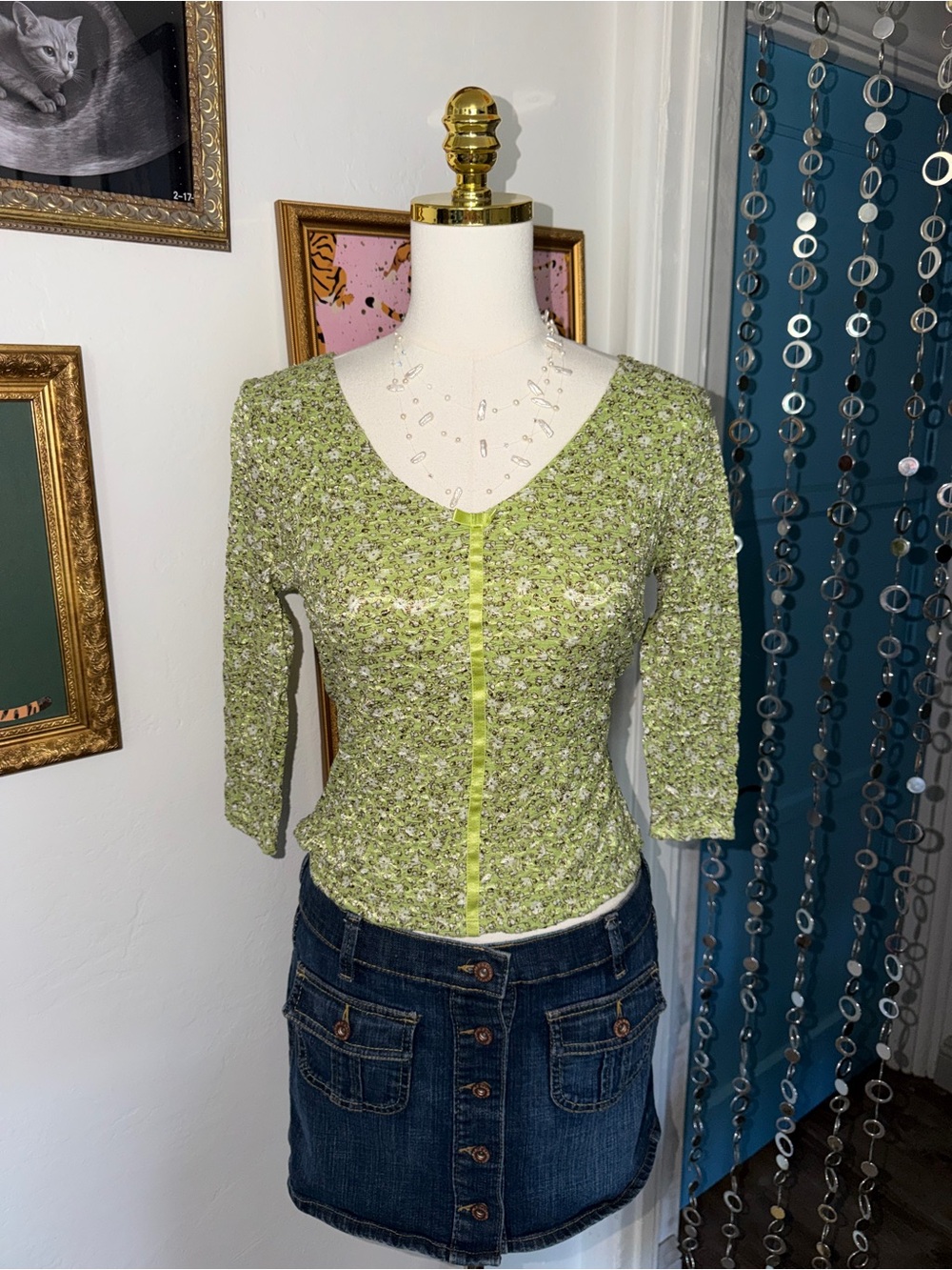 Vintage Y2K Women’s Light Green Floral  Top